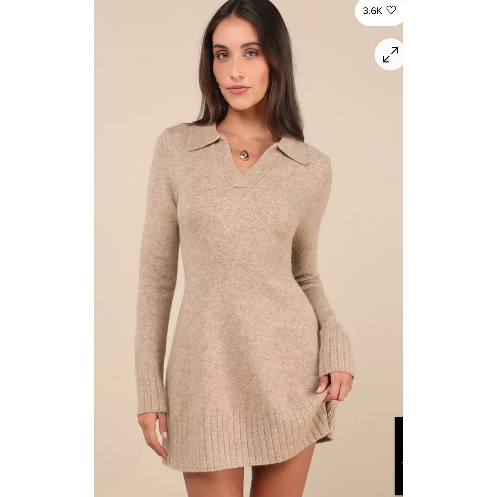 NWT Lulus Soft Serenity Heather Taupe Collared Sweater Mini‎ Dress